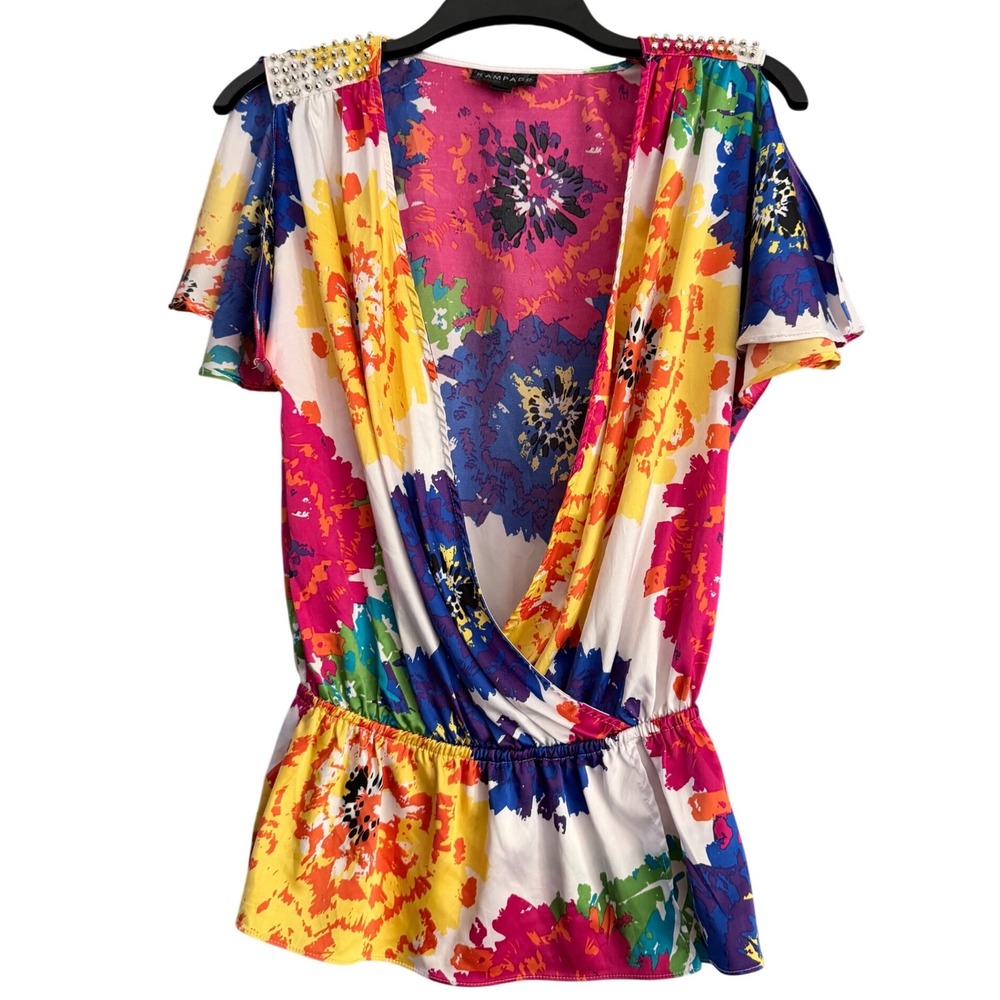 Y2K Rampage Floral Surplice Top Women Medium Multicolor Excellent Studded Blouse